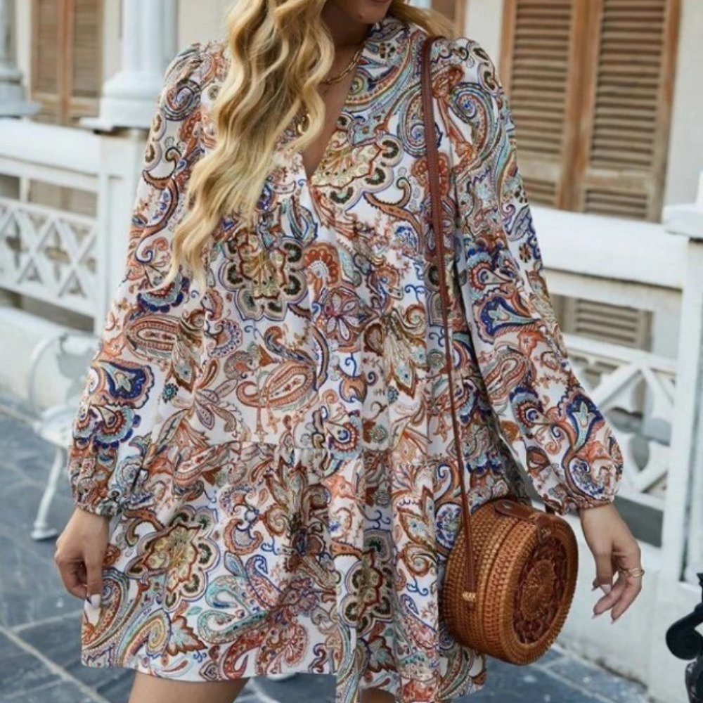 Paisley Print Long sleeved Ruffle Hem Smock Mini Dress - Picture 6 of 8
